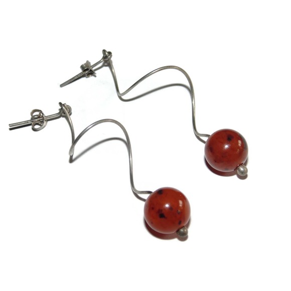 925 Vintage Estate Sterling Silver Earrings Dangle Twist Wire Ball Orb Amber - Picture 3 of 4